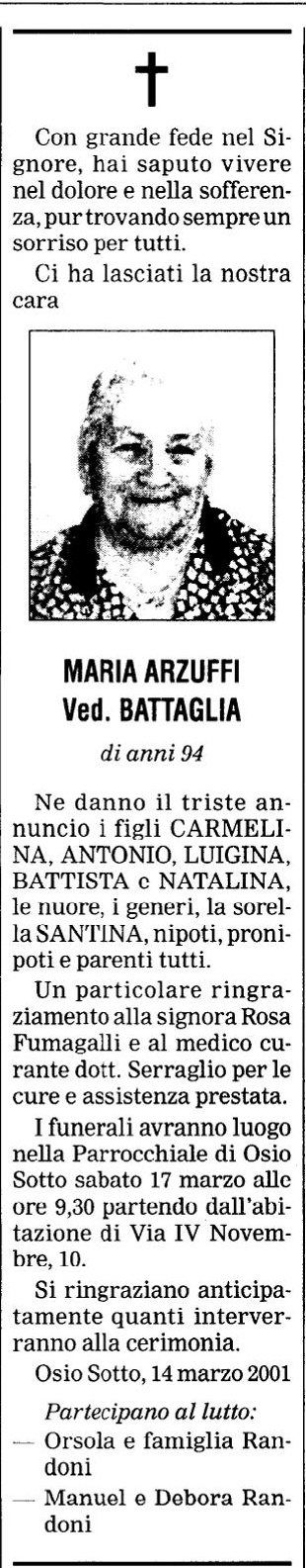Annuncio Eco Bergamo MARIA ARZUFFI Ved. BATTAGLIA