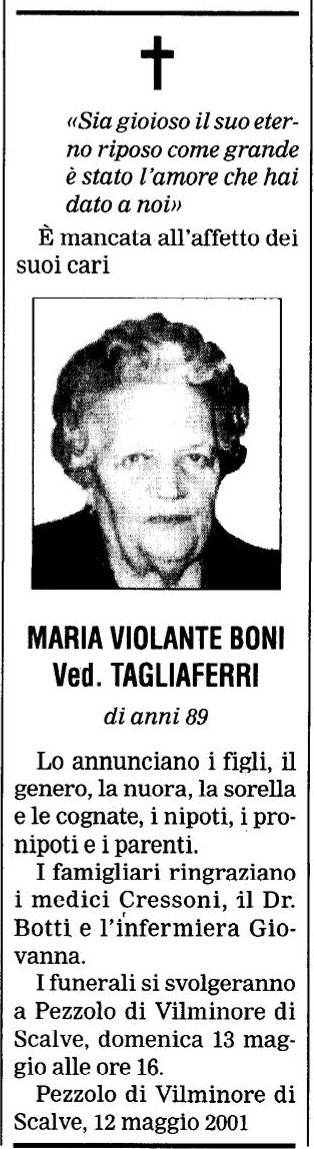 Annuncio Eco Bergamo MARIA VIOLANTE BONI Ved. TAGLIAFERRI