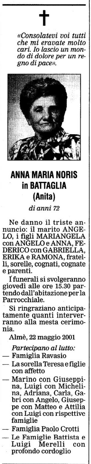 Annuncio Eco Bergamo ANNA MARIA NORIS in BATTAGLIA (Anita)