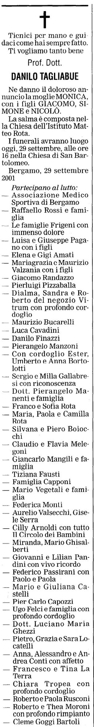 Annuncio Eco Bergamo Prof. Dott. DANILO TAGLIABUE