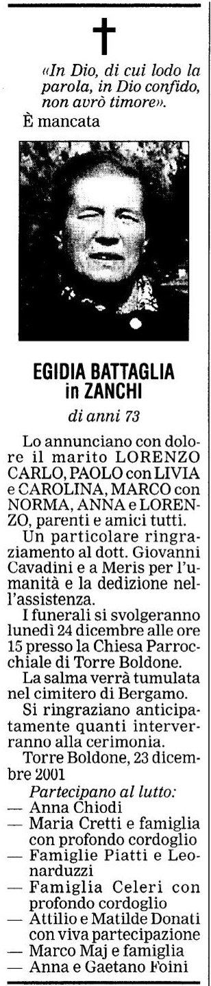 Annuncio Eco Bergamo EGIDIA BATTAGLIA in ZANCHI