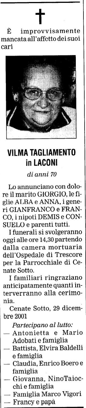 Annuncio Eco Bergamo VILMA TAGLIAMENTO in LACONI