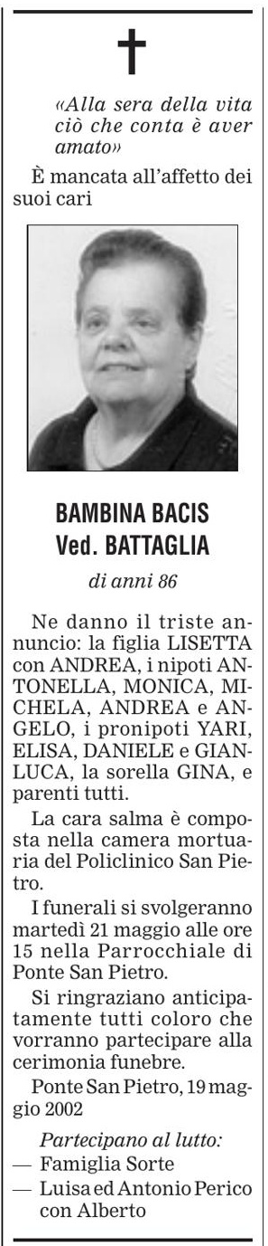 Annuncio Eco Bergamo BAMBINA BACIS Ved. BATTAGLIA