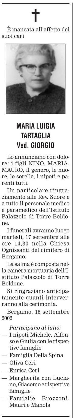 Annuncio Eco Bergamo MARIA LUIGIA TARTAGLIA Ved. GIORGIO