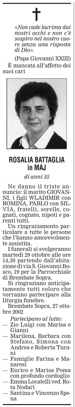 Annuncio Eco Bergamo ROSALIA BATTAGLIA in MAJ