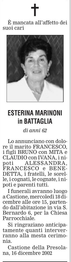 Annuncio Eco Bergamo ESTERINA MARINONI in BATTAGLIA