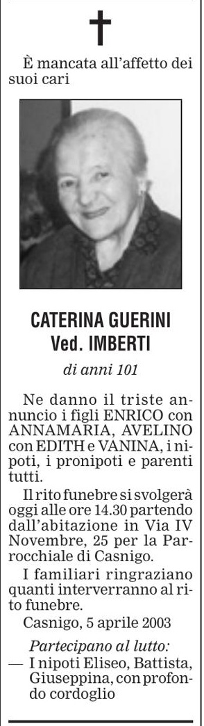 Annuncio Eco Bergamo CATERINA GUERINI Ved. IMBERTI