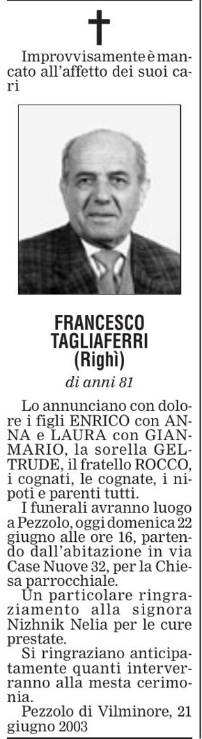 Annuncio Eco Bergamo FRANCESCO TAGLIAFERRI (Righi)