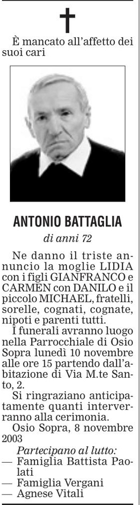 Annuncio Eco Bergamo ANTONIO BATTAGLIA