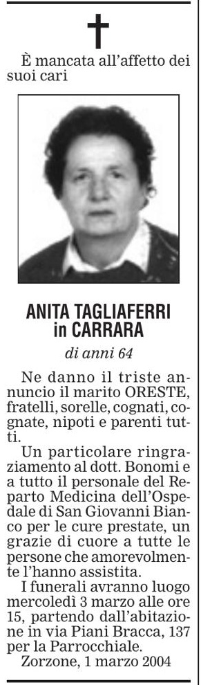 Annuncio Eco Bergamo ANITA TAGLIAFERRI in CARRARA