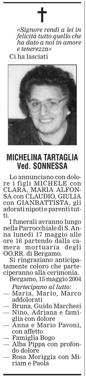 Annuncio Eco Bergamo MICHELINA TARTAGLIA Ved. SONNESSA
