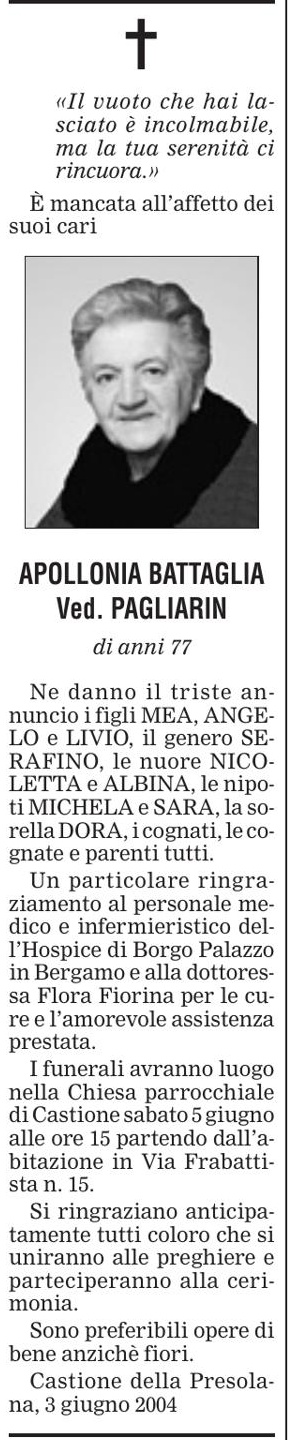 Annuncio Eco Bergamo APOLLONIA BATTAGLIA Ved. PAGLIARIN