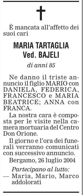 Annuncio Eco Bergamo MARIA TARTAGLIA Ved. BAJELI