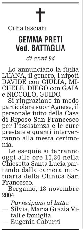Annuncio Eco Bergamo GEMMA PRETI Ved. BATTAGLIA