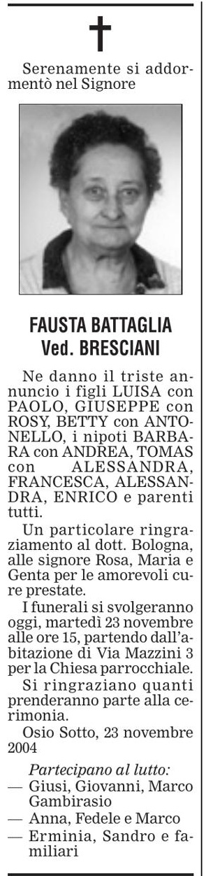 Annuncio Eco Bergamo FAUSTA BATTAGLIA Ved. BRESCIANI