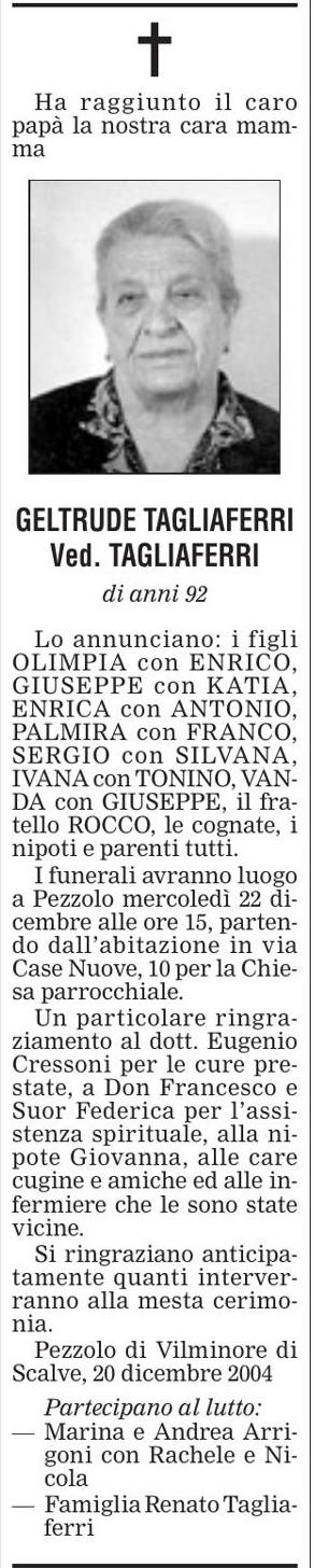 Annuncio Eco Bergamo GELTRUDE TAGLIAFERRI Ved. TAGLIAFERRI