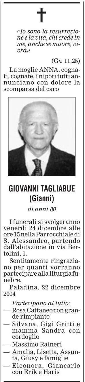 Annuncio Eco Bergamo GIOVANNI TAGLIABUE (Gianni)