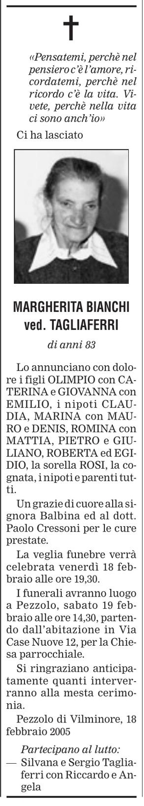 Annuncio Eco Bergamo MARGHERITA BIANCHI ved. TAGLIAFERRI