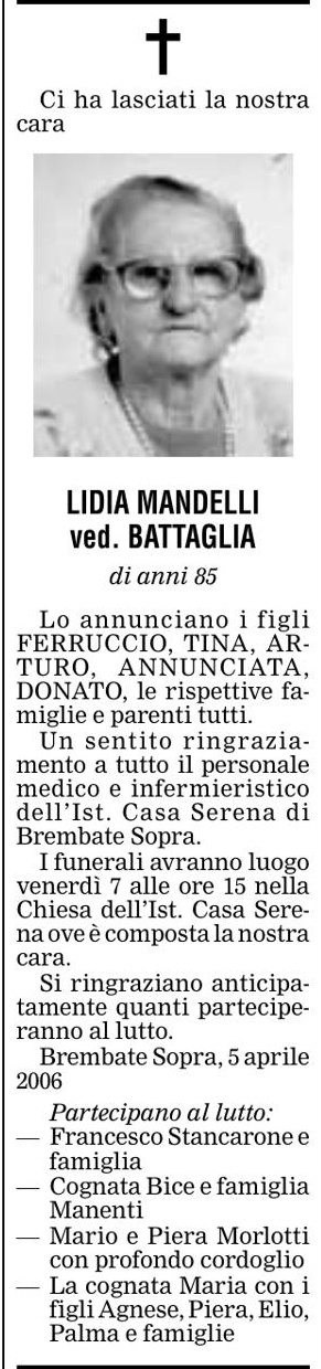 Annuncio Eco Bergamo LIDIA MANDELLI ved. BATTAGLIA
