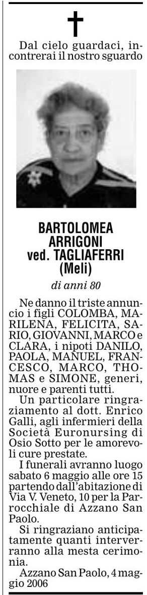 Annuncio Eco Bergamo BARTOLOMEA ARRIGONI ved. TAGLIAFERRI (Meli)