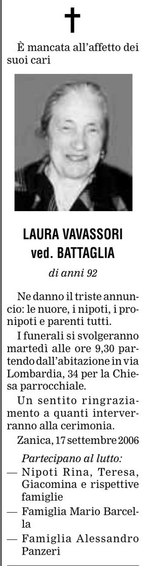 Annuncio Eco Bergamo LAURA VAVASSORI ved. BATTAGLIA