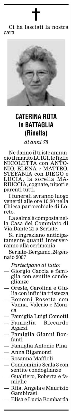 Annuncio Eco Bergamo CATERINA ROTA in BATTAGLIA (Rinetta)