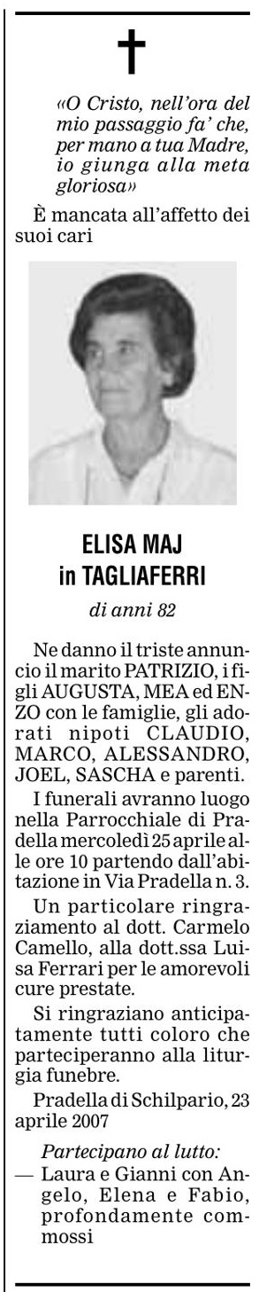 Annuncio Eco Bergamo ELISA MAJ in TAGLIAFERRI