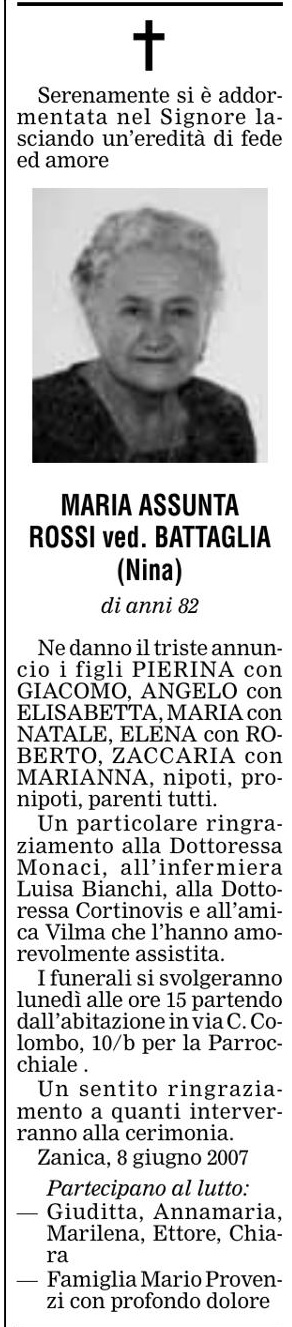 Annuncio Eco Bergamo MARIA ASSUNTA ROSSI ved. BATTAGLIA (Nina)
