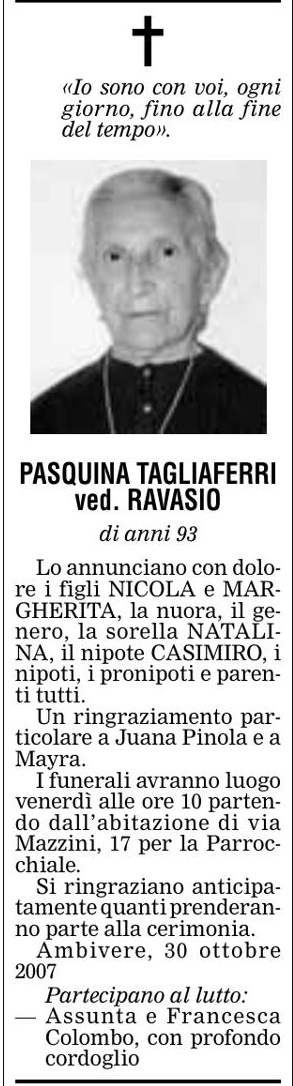 Annuncio Eco Bergamo PASQUINA TAGLIAFERRI ved. RAVASIO