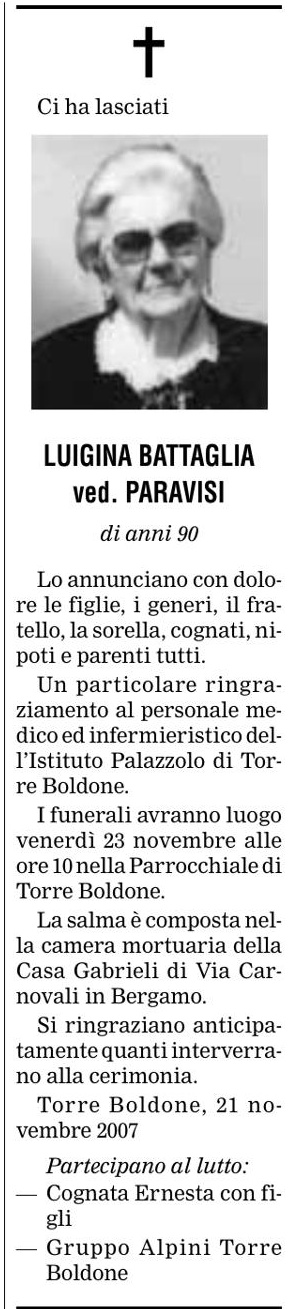 Annuncio Eco Bergamo LUIGINA BATTAGLIA ved. PARAVISI