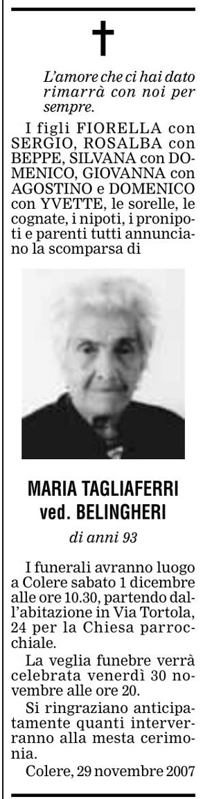Annuncio Eco Bergamo MARIA TAGLIAFERRI ved. BELINGHERI