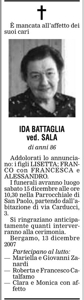 Annuncio Eco Bergamo IDA BATTAGLIA ved. SALA