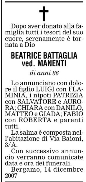 Annuncio Eco Bergamo BEATRICE BATTAGLIA ved. MANENTI