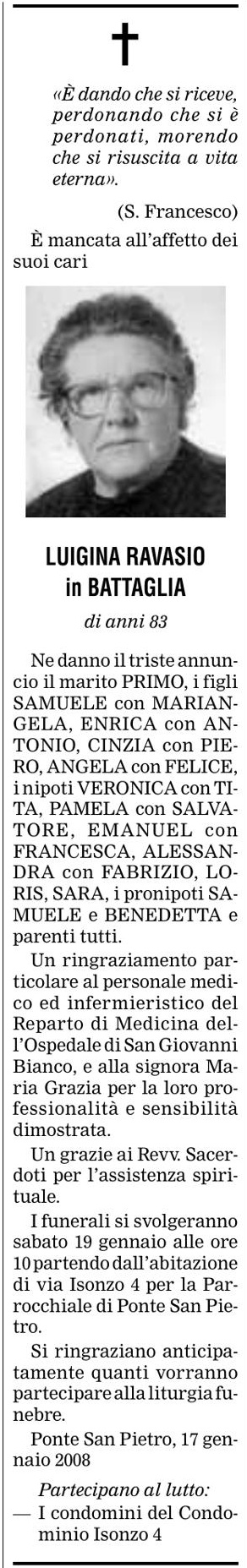 Annuncio Eco Bergamo LUIGINA RAVASIO in BATTAGLIA