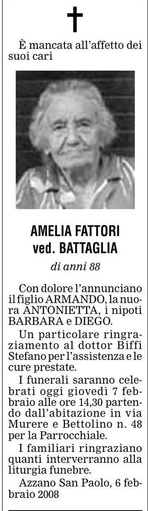 Annuncio Eco Bergamo AMELIA FATTORI ved. BATTAGLIA