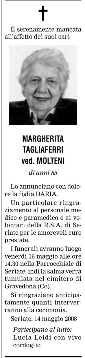Annuncio Eco Bergamo MARGHERITA TAGLIAFERRI ved. MOLTENI