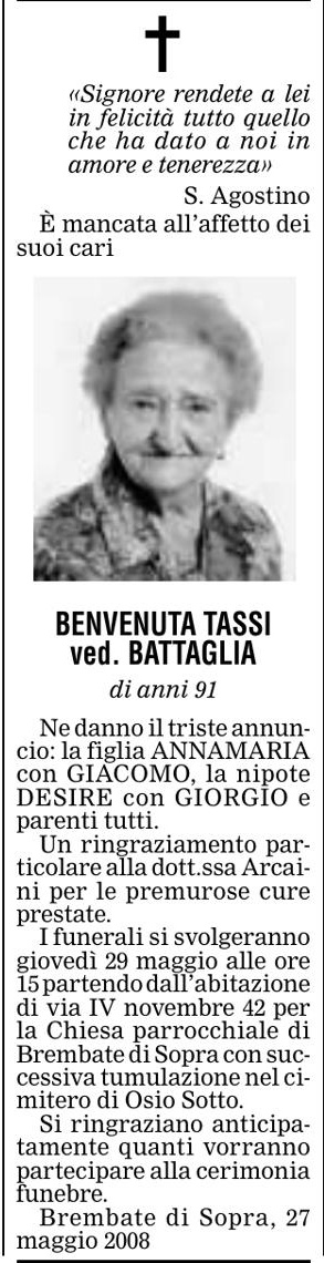 Annuncio Eco Bergamo BENVENUTA TASSI ved. BATTAGLIA