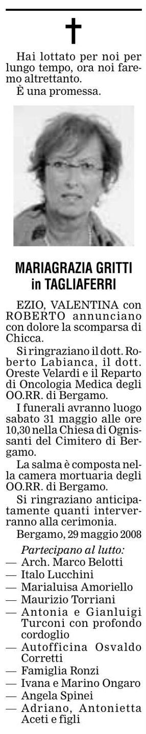 Annuncio Eco Bergamo MARIAGRAZIA GRITTI in TAGLIAFERRI