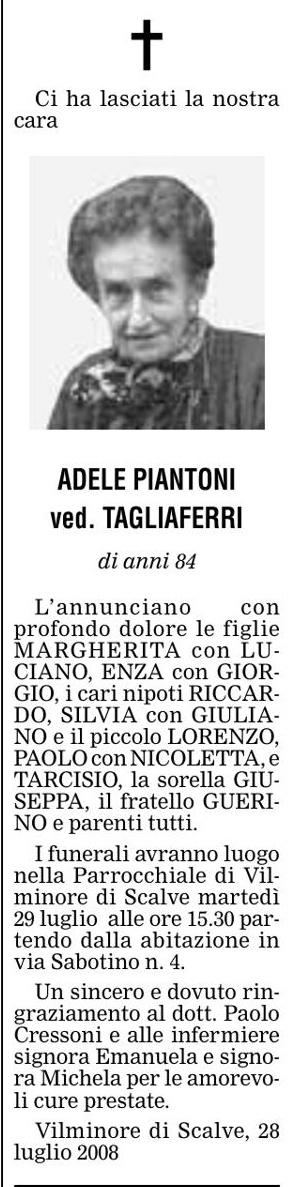 Annuncio Eco Bergamo ADELE PIANTONI ved. TAGLIAFERRI
