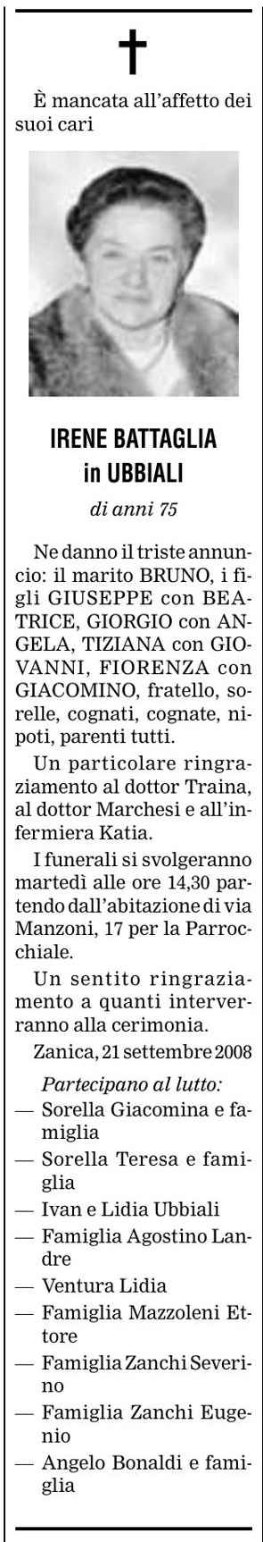 Annuncio Eco Bergamo IRENE BATTAGLIA in UBBIALI