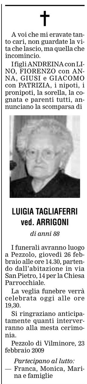 Annuncio Eco Bergamo LUIGIA TAGLIAFERRI ved. ARRIGONI