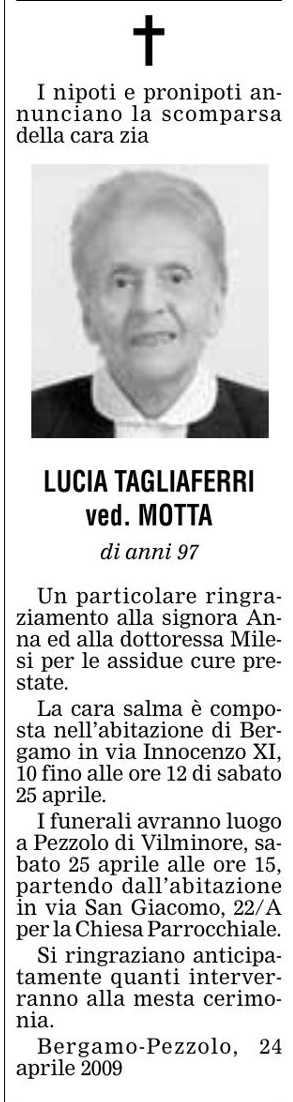 Annuncio Eco Bergamo LUCIA TAGLIAFERRI ved. MOTTA