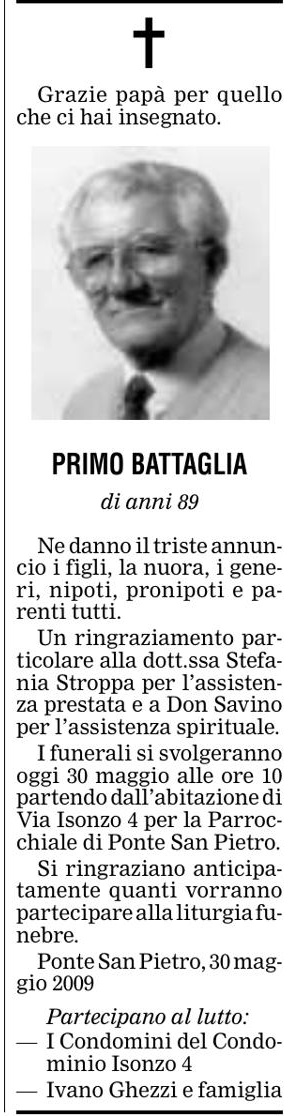Annuncio Eco Bergamo PRIMO BATTAGLIA
