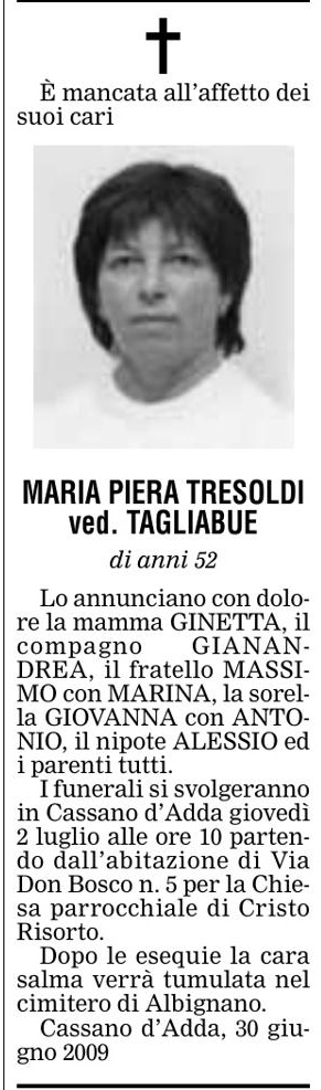 Annuncio Eco Bergamo MARIA PIERA TRESOLDI ved. TAGLIABUE