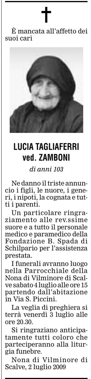 Annuncio Eco Bergamo LUCIA TAGLIAFERRI ved. ZAMBONI