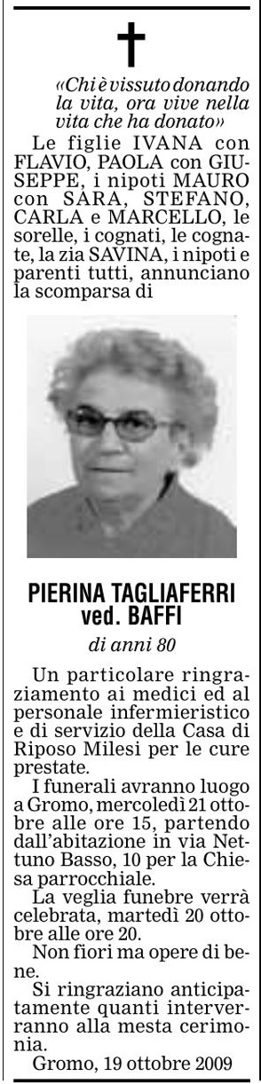 Annuncio Eco Bergamo PIERINA TAGLIAFERRI ved. BAFFI