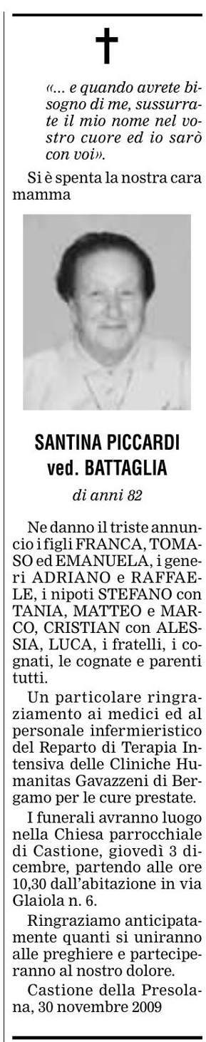 Annuncio Eco Bergamo SANTINA PICCARDI ved. BATTAGLIA