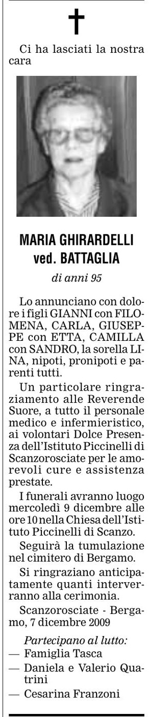 Annuncio Eco Bergamo MARIA GHIRARDELLI ved. BATTAGLIA