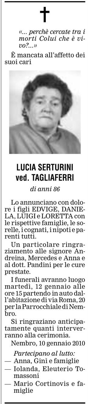 Annuncio Eco Bergamo LUCIA SERTURINI ved. TAGLIAFERRI
