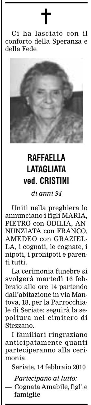 Annuncio Eco Bergamo RAFFAELLA LATAGLIATA ved. CRISTINI
